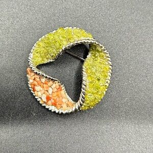 Vintage, Rare Crushed Green Glass & Coral Brooch, Gold Tone